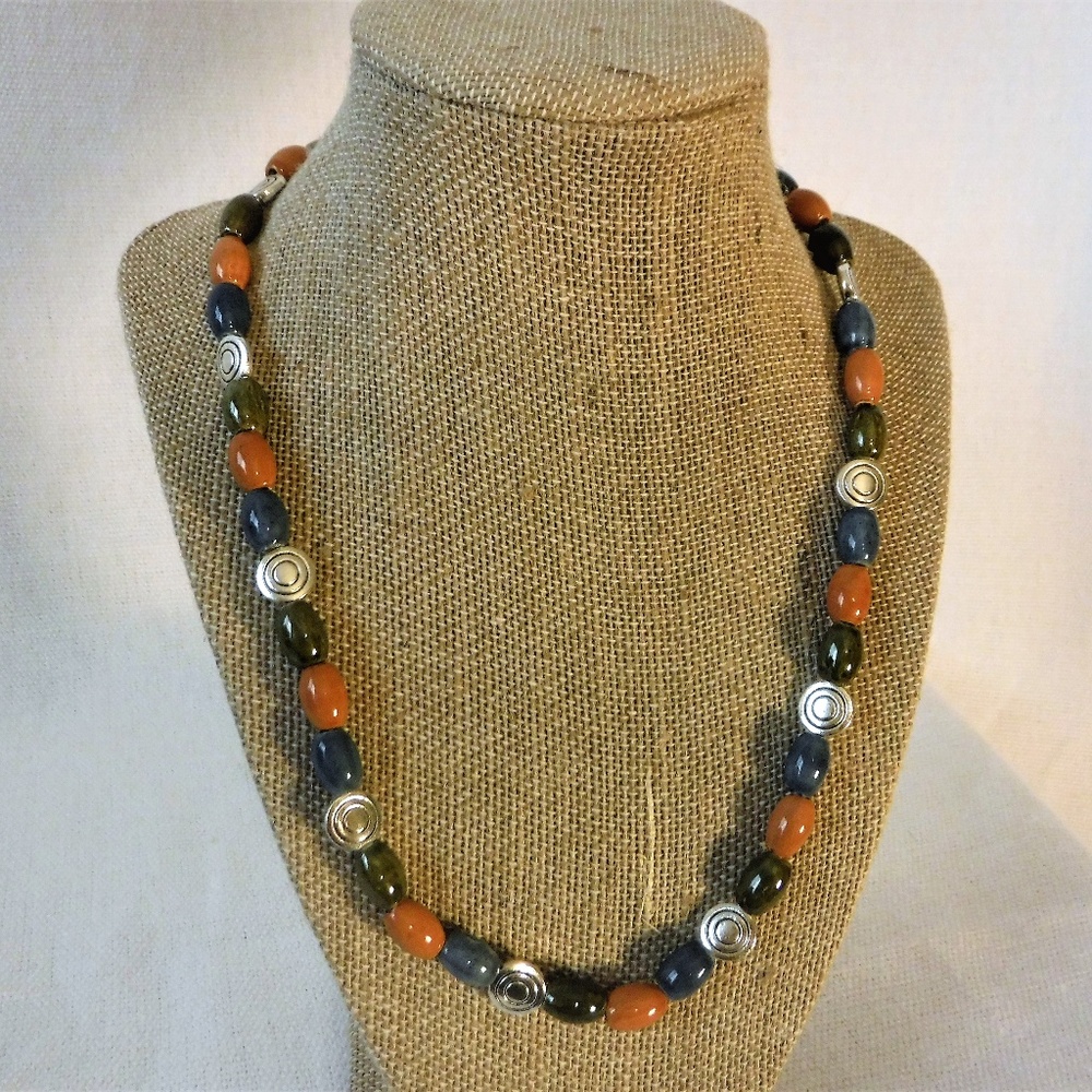 Handmade Necklace with Green, Orange, and Blue 20"